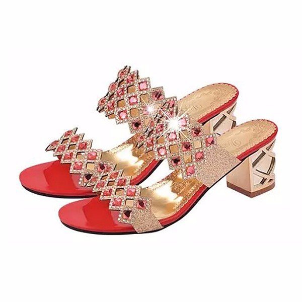 Rhombus Rhinestone Beaded Bling Hollow Out Peep Toe Square Heel Slippers