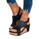 Black Vintage Leather Stitching Studded Wedge Sandals