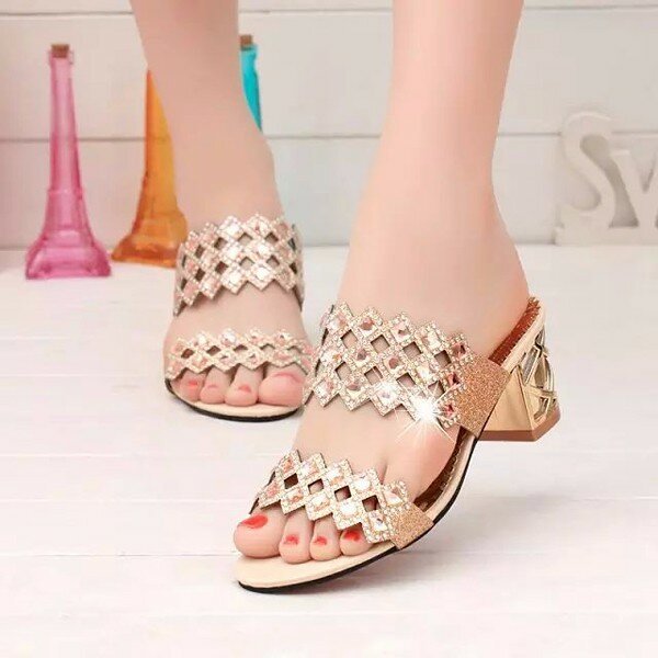 Rhombus Rhinestone Beaded Bling Hollow Out Peep Toe Square Heel Slippers