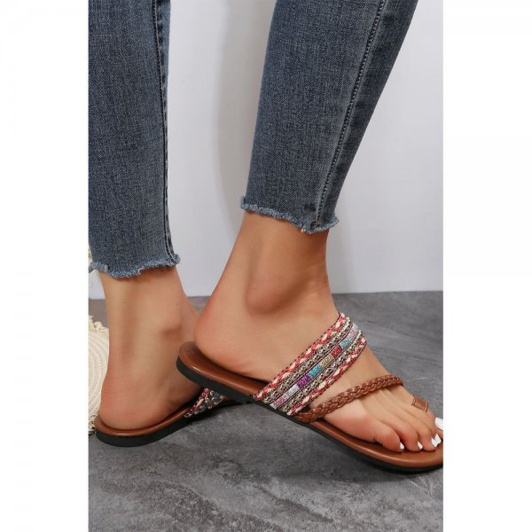 Multicolor Tribal Pattern Woven Toe Ring Thong Slippers