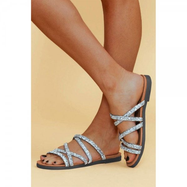 Silvery Round Toe Bling Flat Sandals