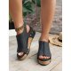 Black Vintage Leather Stitching Studded Wedge Sandals