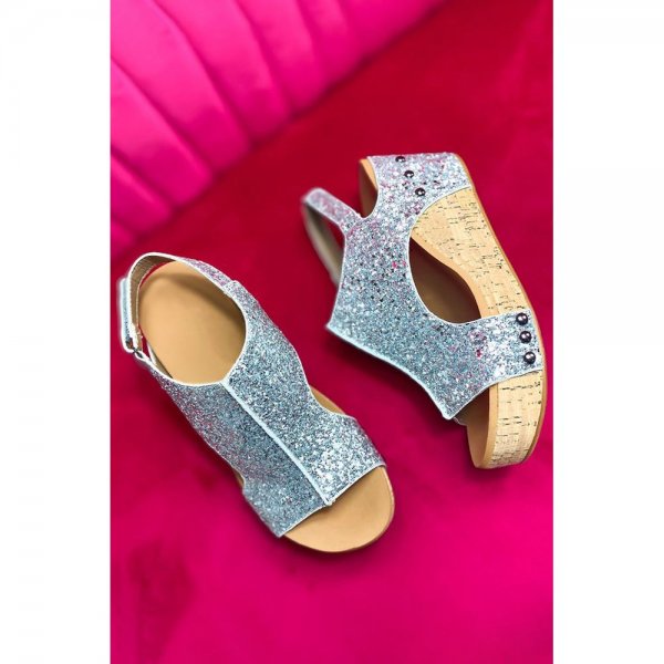 Silver Buckle Hollow Out Sequin Wedge Sandals