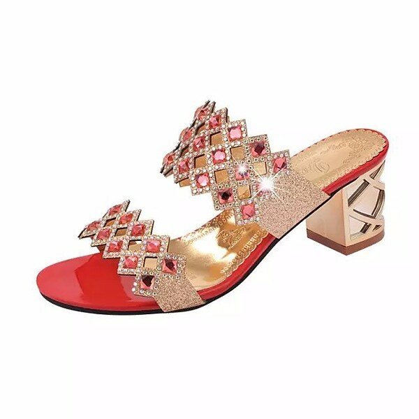 Rhombus Rhinestone Beaded Bling Hollow Out Peep Toe Square Heel Slippers