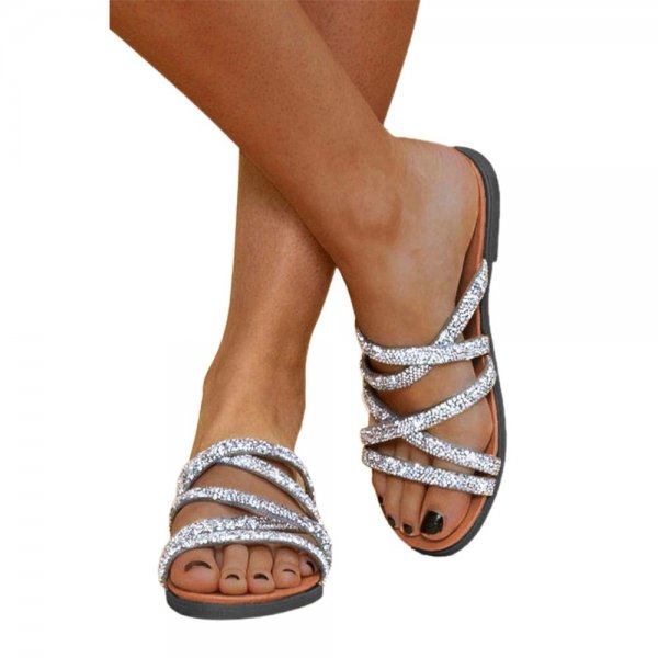 Silvery Round Toe Bling Flat Sandals