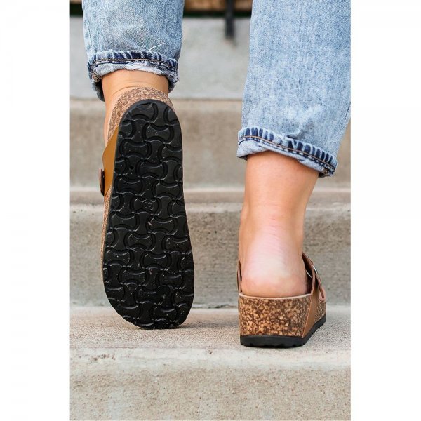 Brown Braided Buckle Straps Platform Slippers