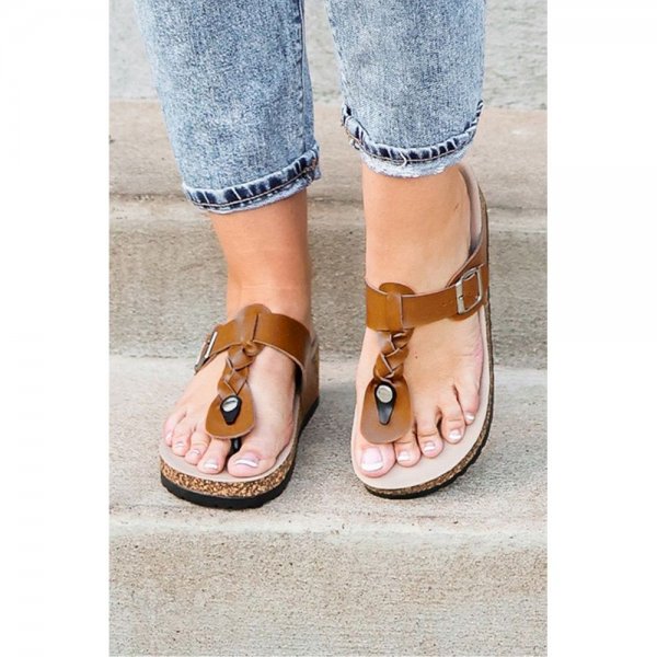 Brown Braided Buckle Straps Platform Slippers